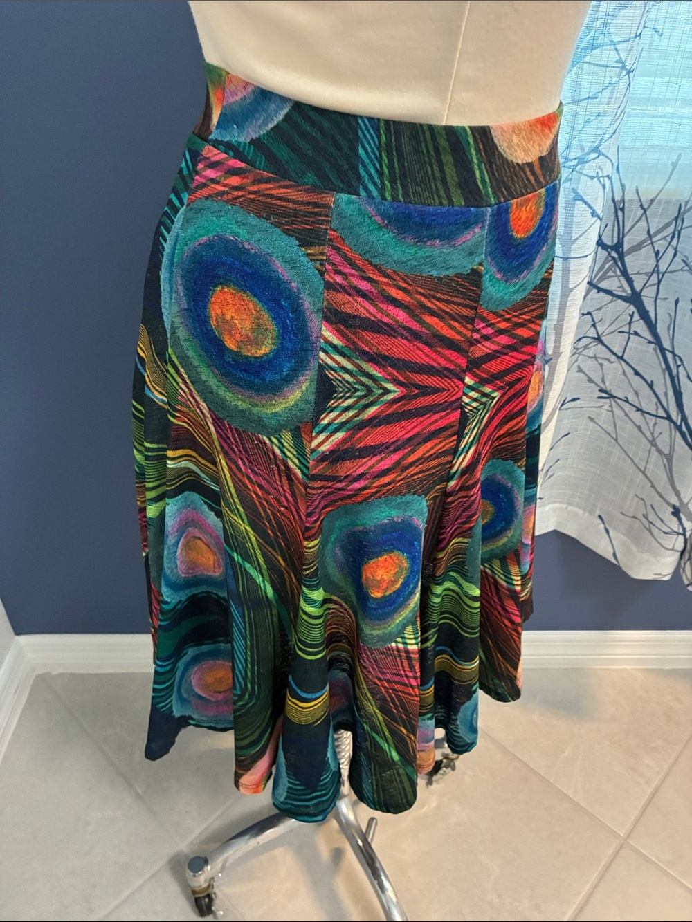 Desigual Multicolor Peacock Feather Print Flared Skirt